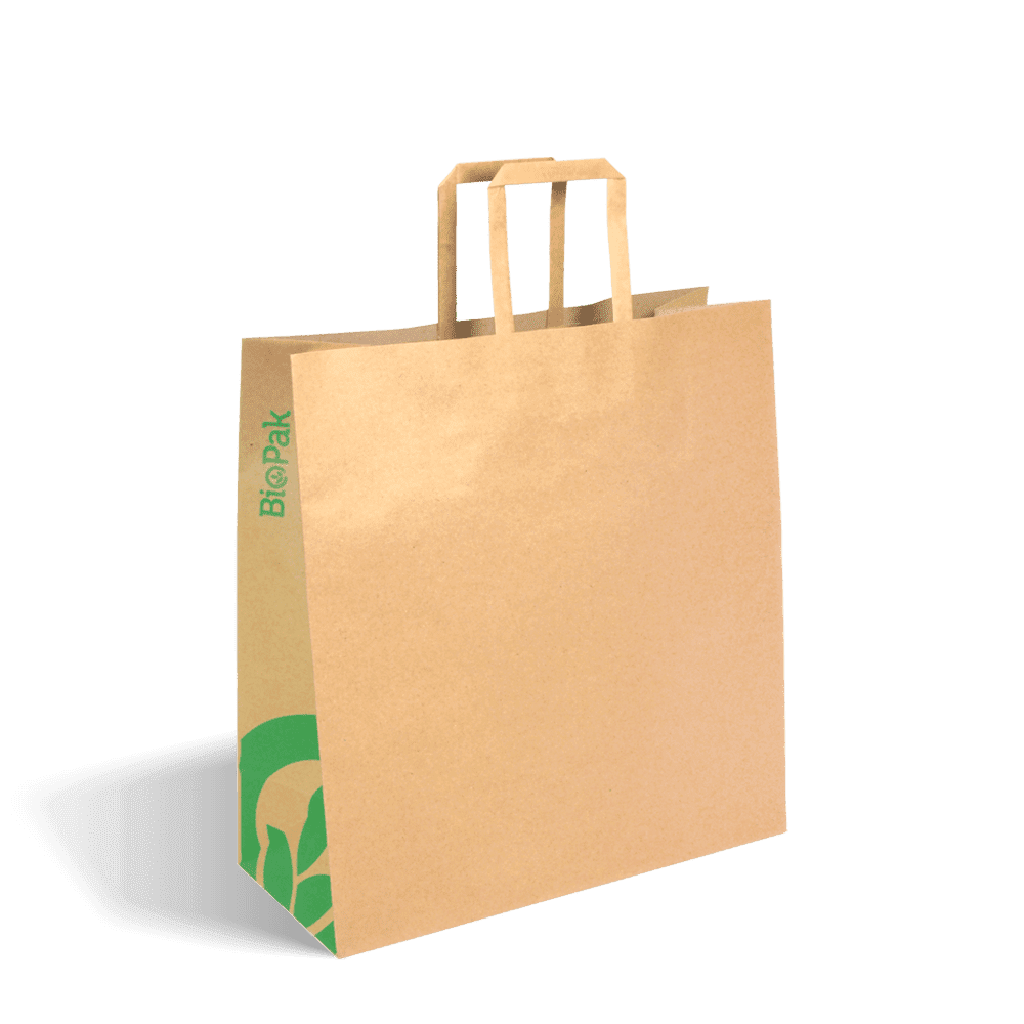 BIOPAK MEDIUM FLAT HANDLE BROWN PAPERBAGS [BAG-TA-F-MEDIUM] 320MM X 340MM X 140MM GUSSET (200)