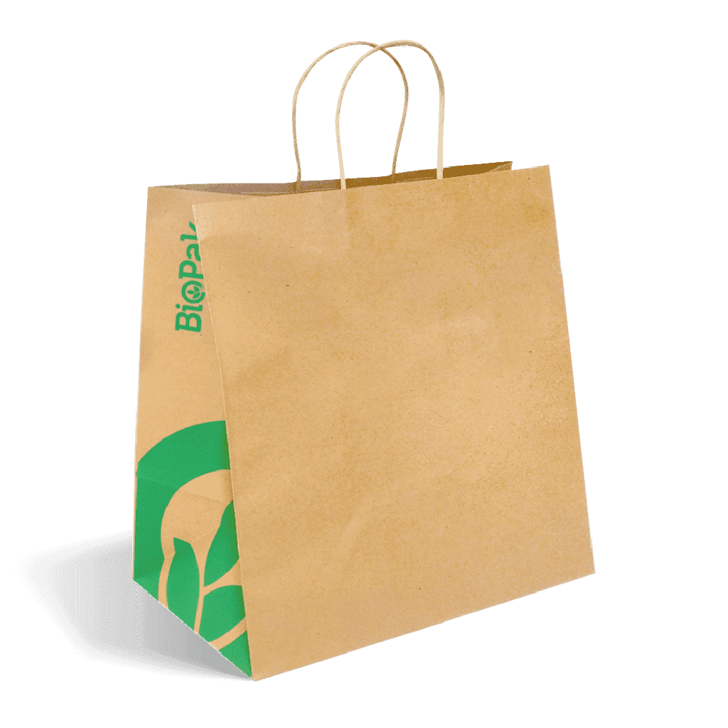 BIOPAK JUMBO TWIST HANDLE BROWN PAPERBAGS - 355MM X 370MM X 220MM GUSSET (150)