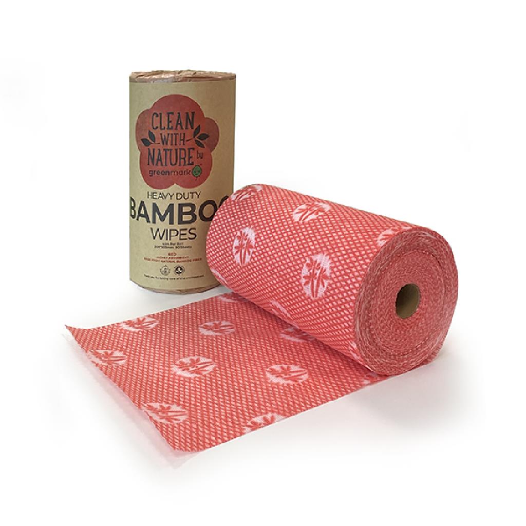 HEAVY DUTY RED ***BAMBOO*** WIPE ROLL 90 PERFORATED WIPES 50X30CM "ECOSAFE"  [ECO-WR] **WASHROOMS & STORAGE ROOMS**