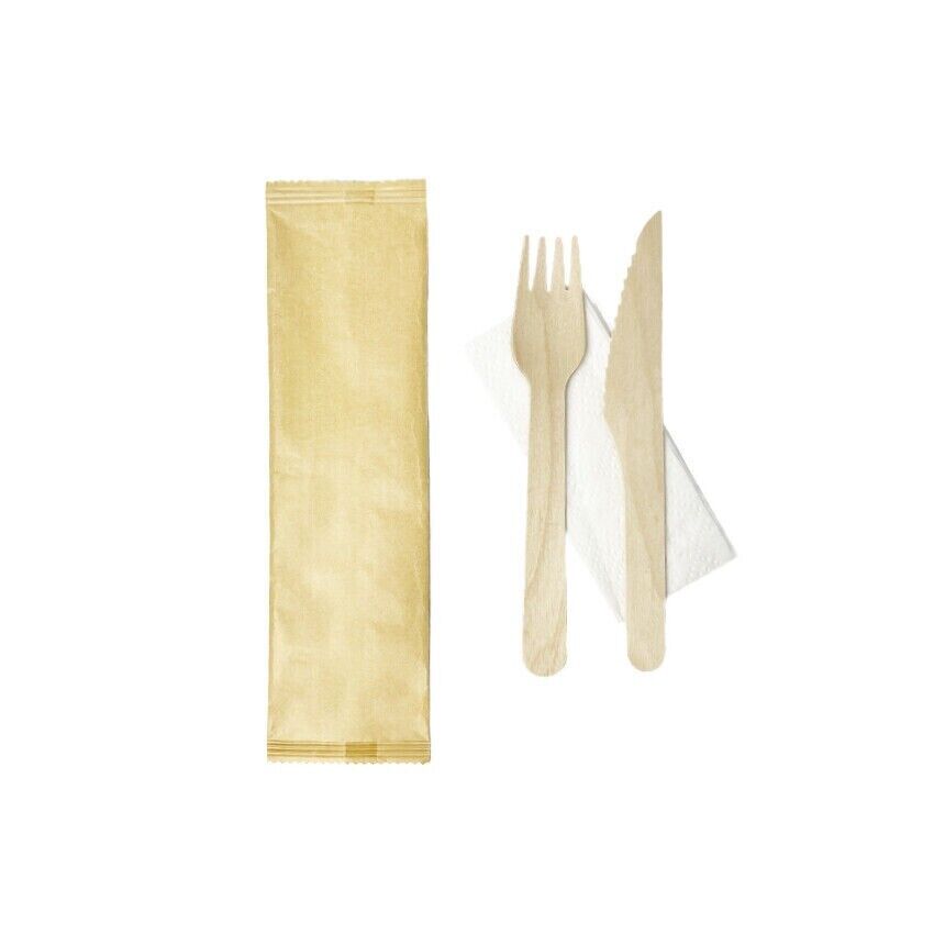 WOODEN  MEAL PACK KNIFE, FORK KRAFT NAPKIN SET (400) [WCP01]