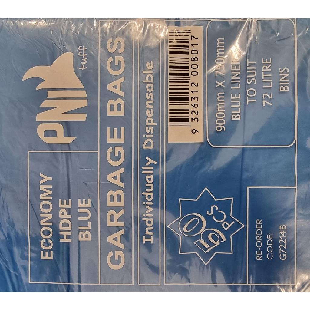 72L ***PNI*** HDPE GARBAGE BAG ***BLUE*** FLAT PACK (GUSSET SEAL) (10X50)