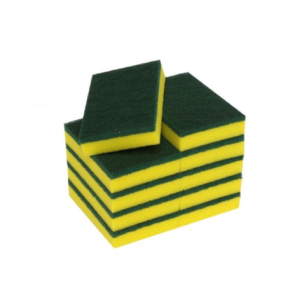 GREEN SCOURER YELLOW SPONGE 15X10X3CM HEAVY DUTY EDCO [18340] (20 PKS OF10)