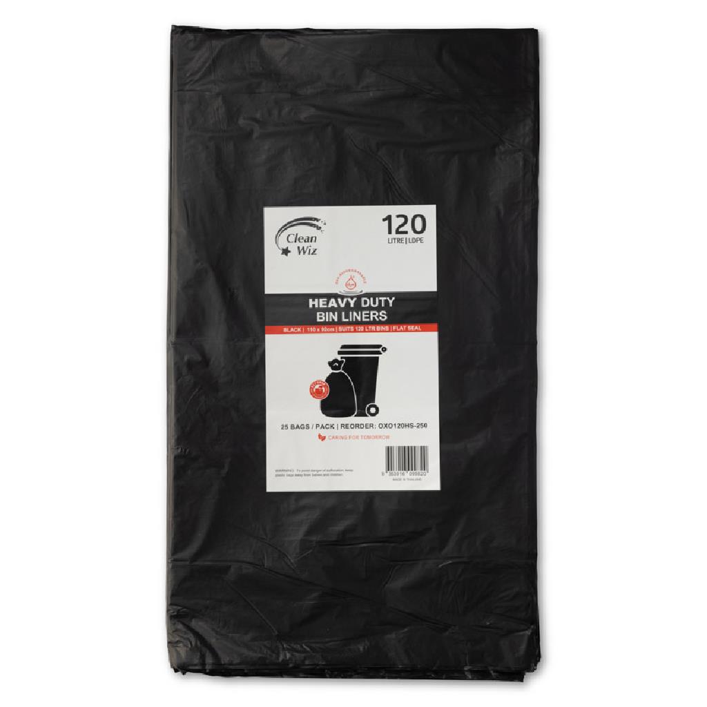 (P) ****120L**** HEAVY DUTY GARBAGE BIN LINERS ***FLAT SEAL****  "CLEAN WIZ" (10X25)