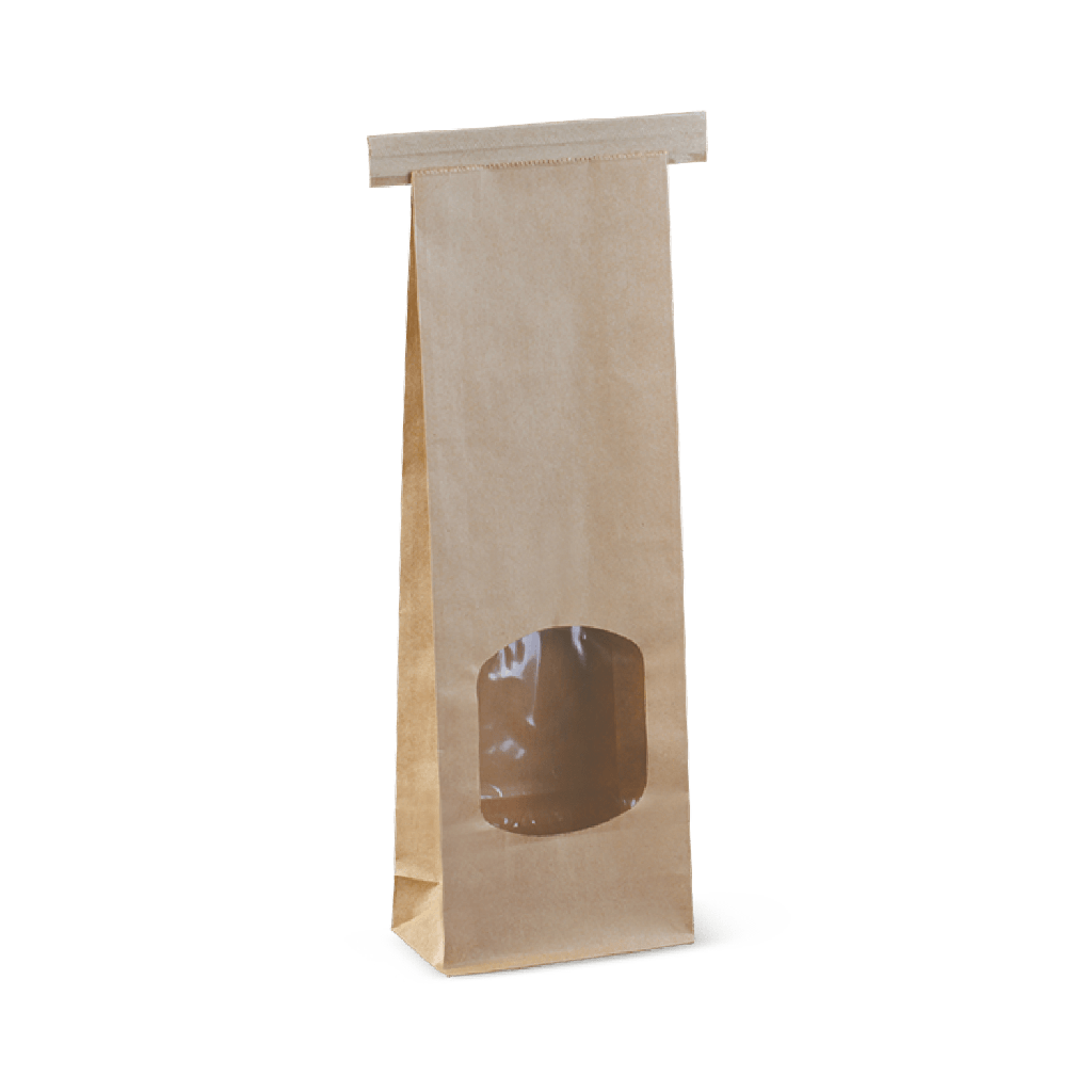 SMALL BROWN WINDOW SOS PAPER BAG TIN TIE 90X60X247MM  (10X50) GREENMARK [TTBWS]