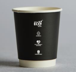 (P) 8OZ BLACK DOUBLE WALL ***TRULY ECO*** PINNACLE AQUEOUS COFFEE CUP SQUAT 90MM (UNI LID) [DW08UNIB] (20X25)