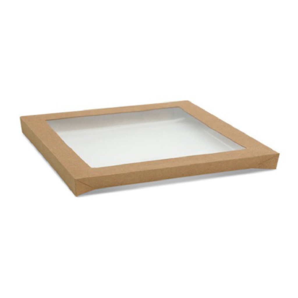 LID KRAFT WITH PET WINDOW SUITS LARGE ***SQUARE*** CATERING TRAY (100)